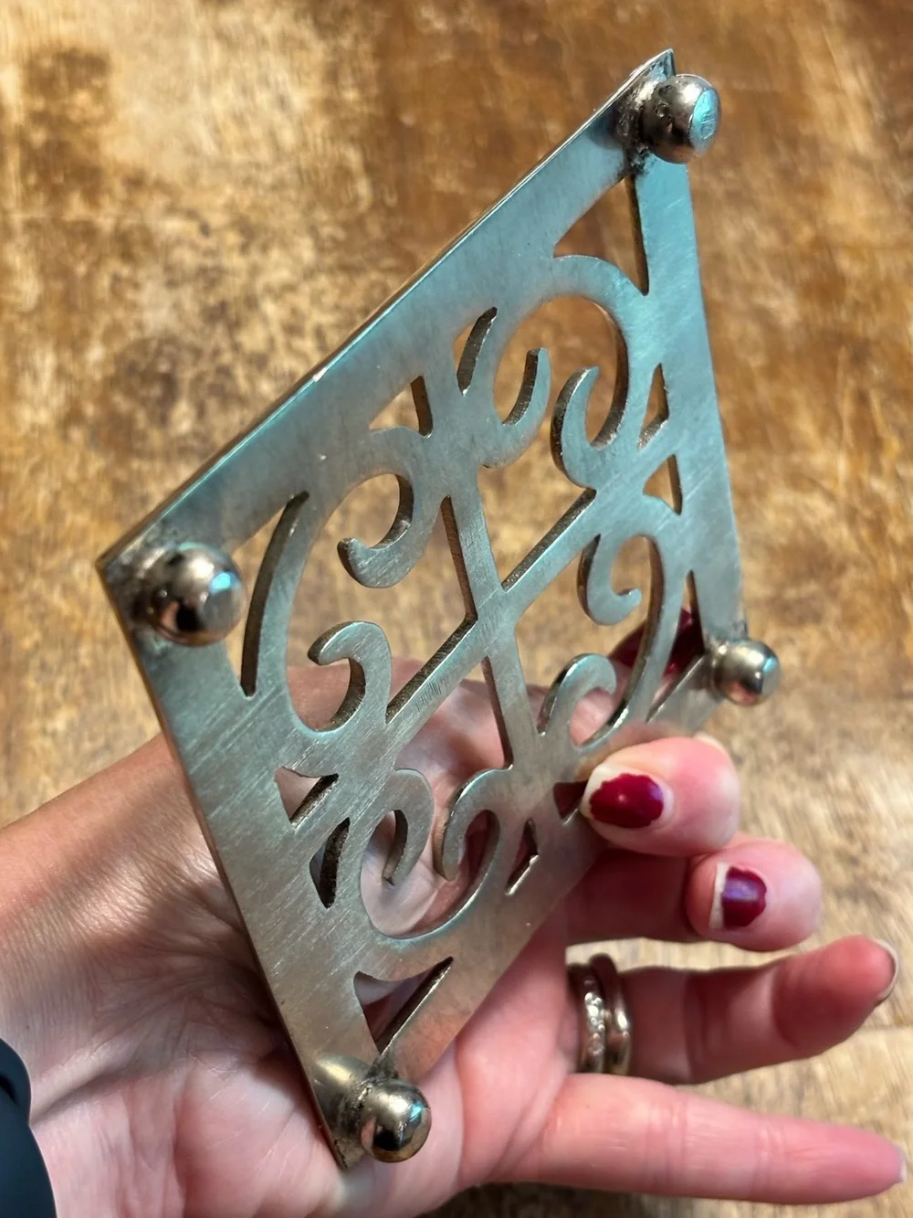 Vintage Silver Tone Metal Trivet Ornate Scrollwork Footed 4.25” Square